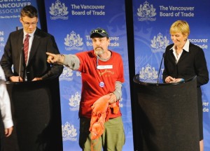 Darrell Zimmerman, an independent candidate for mayor, interrupts Mayor Gregor Robertson and his mayoral challenger Suzanne Anton at a head-to-head debate sponsored by the Vancouver Board of Trade and the Downtown Vancouver Association. Photograph by: Les Bazso, PNG