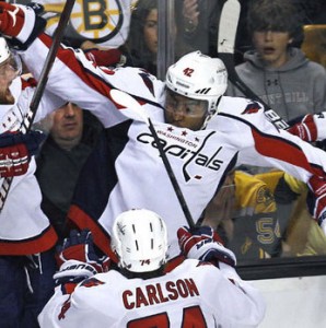 Joel Ward score the winning goal in overtime to defeat the Boston Bruins